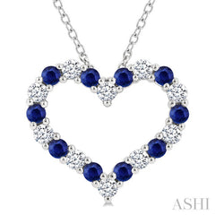2.3 MM Round Cut Sapphire and 1/2 Ctw Open Heart Round Cut Diamond Precious Fashion Pendant With Chain in 14K White Gold