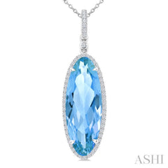 22X8 MM Evoque Gemstones Oval Shape Blue Topaz and 1/4 Ctw Round Cut Diamond Semi-Precious Pendant With Chain in 14K White Gold