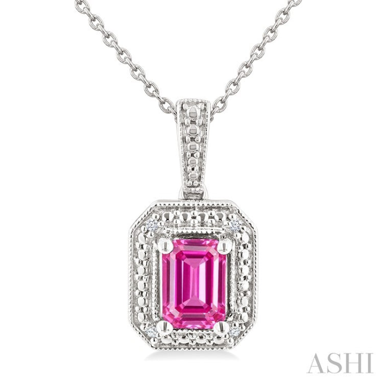 7X5 MM Octagon Shape Lab-Created Pink Sapphire and 1/50 Ctw Round Cut Diamond Precious Pendant With Chain in Sterling Silver