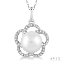 7 MM Cultured Pearl and 1/8 Ctw Round Cut Diamond Pendant in 14K White Gold with Chain