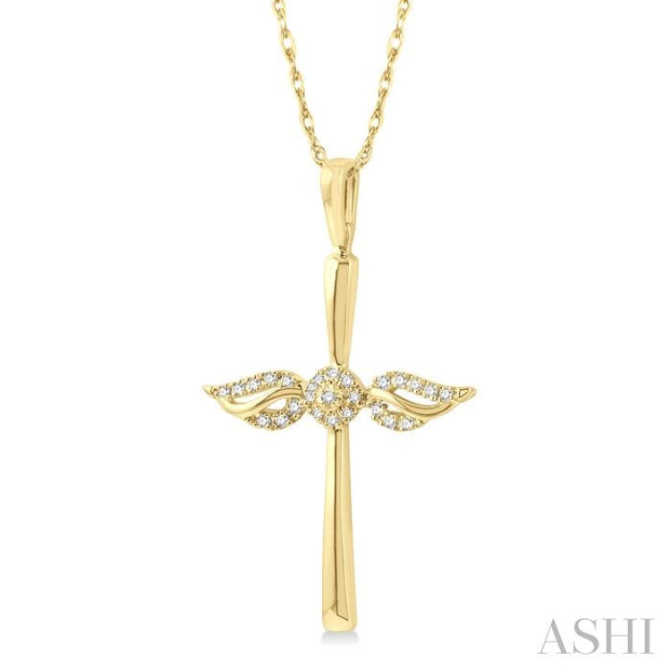 1/10 Ctw Angel Wing Round Cut Diamond Cross Petite Pendant With Chain in 10K Yellow Gold
