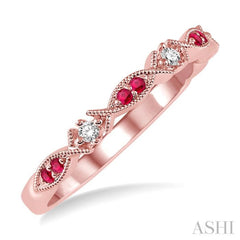 1.25 MM Round Cut Ruby and 1/20 Ctw Round Cut Diamond Precious Half Eternity Wedding Band in 14K Rose Gold
