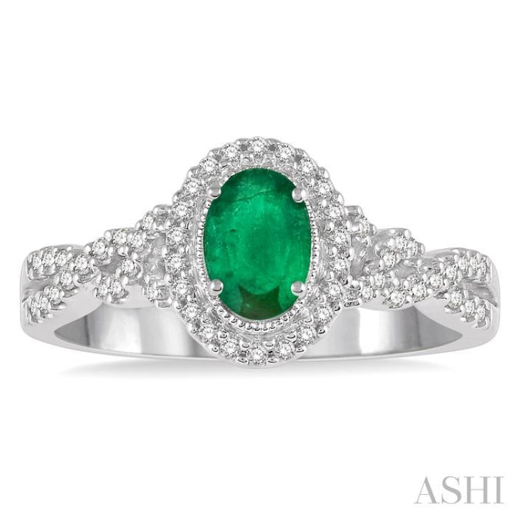 6X4 MM Oval Shape Emerald and 1/5 Ctw Round Cut Diamond Precious Ring in 10K White Gold