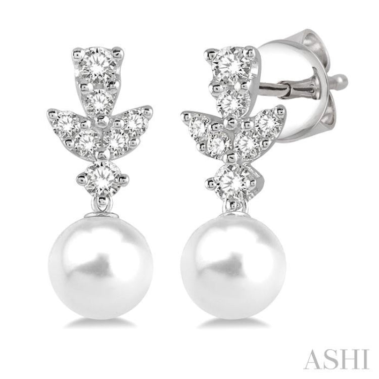 8 MM Cultured Pearls and 1/4 Ctw Round Cut Diamond Earrings in 14K White Gold
