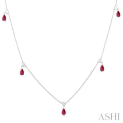 5X3 MM Pear Shape Ruby and 1/4 Ctw Round Cut Diamonds Precious Station Necklace in 14K White Gold