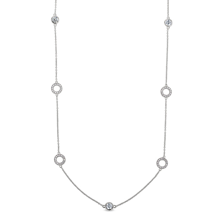 Platinum finish sterling silver micropave 20 open circle and bezel necklace with simulated diamonds
