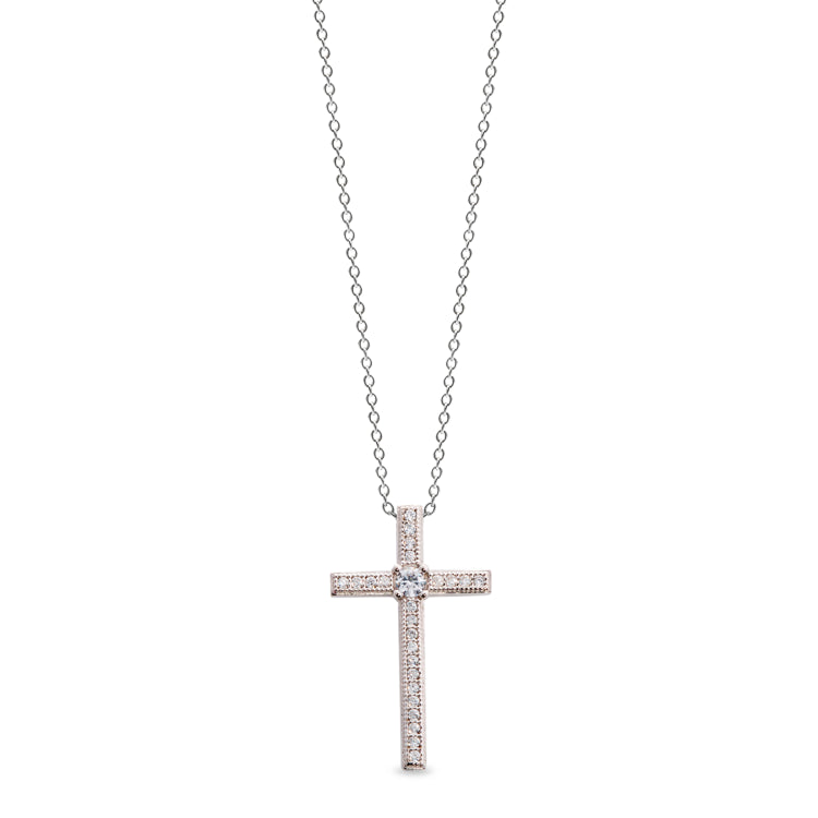 Platinum finish sterling silver micropave thin cross pendant with 65 simulated diamonds on 18 cable chain
