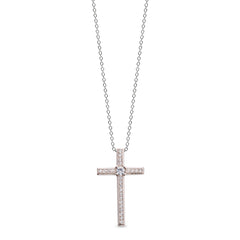 Platinum finish sterling silver micropave thin cross pendant with 65 simulated diamonds on 18 cable chain