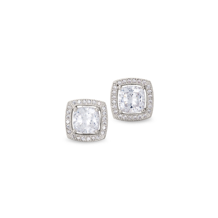 Platinum finish sterling silver micropave cushion cut earrings with 50 simulated diamonds