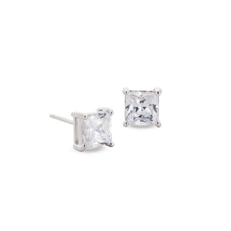 Platinum finish sterling silver prong set 6mm princess cut simulated diamond earrings