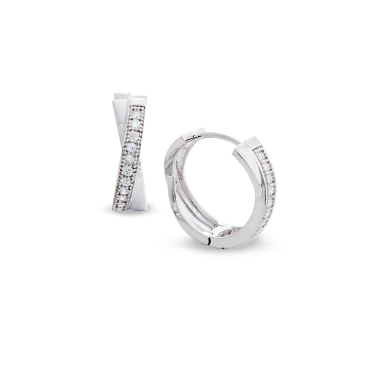Platinum finish sterling silver micropave criss cross huggie earrings with simulated diamonds