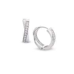 Platinum finish sterling silver micropave criss cross huggie earrings with simulated diamonds