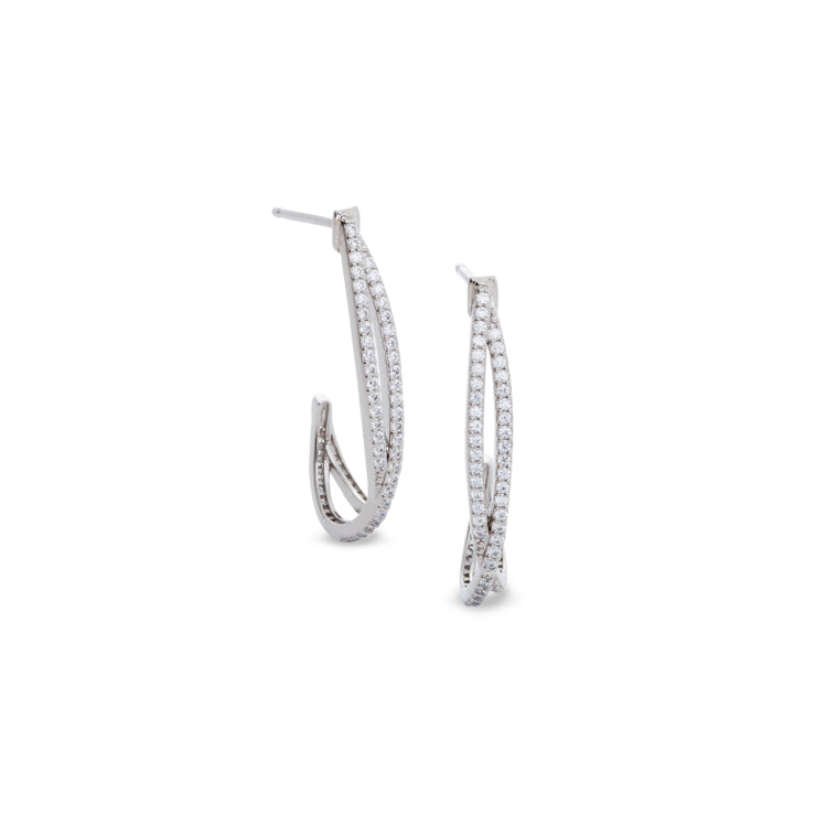 Platinum finish sterling silver micropave criss cross half hoop earrings with 132 simulated diamonds