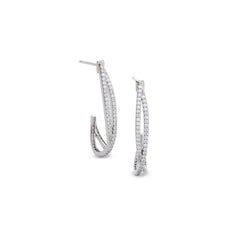 Platinum finish sterling silver micropave criss cross half hoop earrings with 132 simulated diamonds
