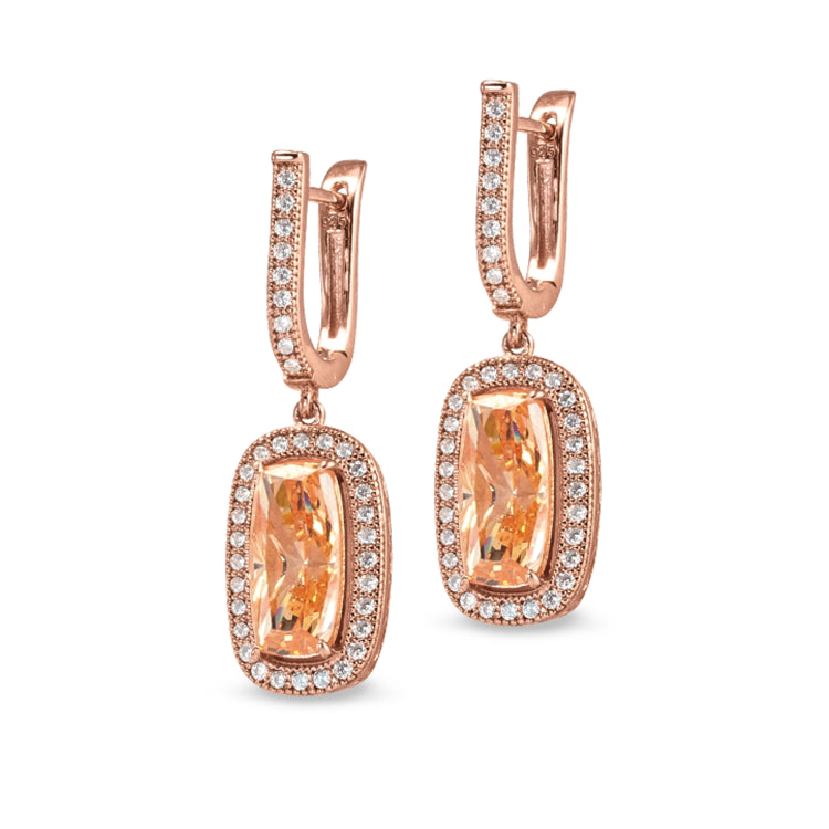 Rose gold finish sterling silver micropave earrings with light champagne colored stone and simulated diamonds