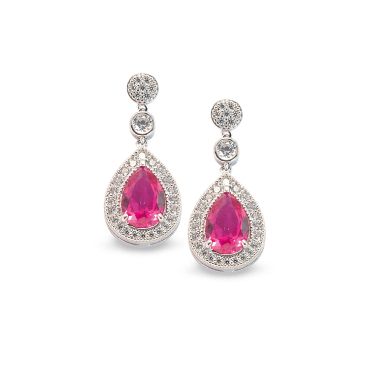 Platinum finish sterling silver micropave tear drop earrings with simulated ruby and simulated diamonds