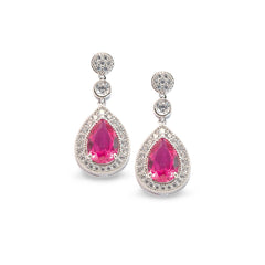Platinum finish sterling silver micropave tear drop earrings with simulated ruby and simulated diamonds