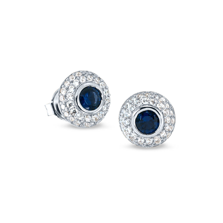 Platinum finish sterling silver micropave earrings with synthetic blue sapphire and simulated diamonds