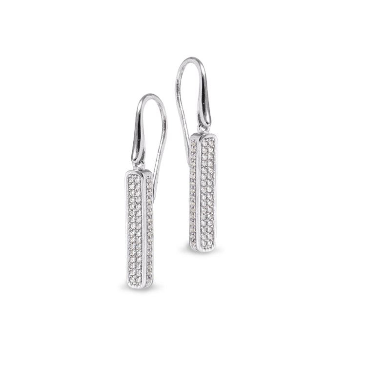 Platinum finish sterling silver micropave 3 sided bar earrings with simulated diamonds