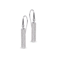 Platinum finish sterling silver micropave 3 sided bar earrings with simulated diamonds