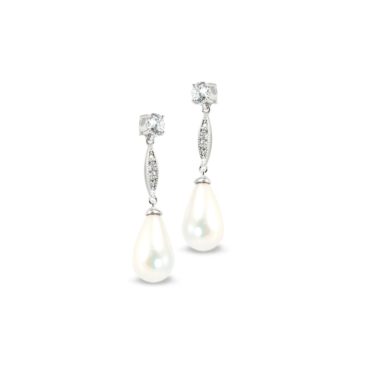 Platinum finish sterling silver micropave pearl drop earrings with simulated daimonds