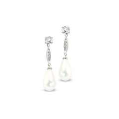 Platinum finish sterling silver micropave pearl drop earrings with simulated daimonds