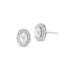 Platinum finish sterling silver micropave cabochon cut pearl earrings with simulated diamonds