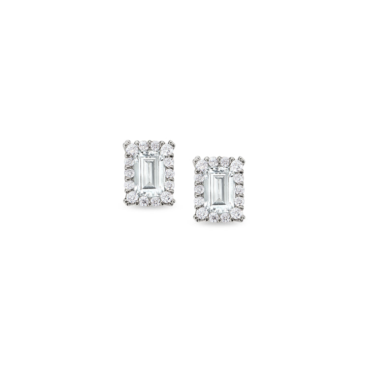 Platinum finish sterling silver emerald cut earrings with simulated diamonds