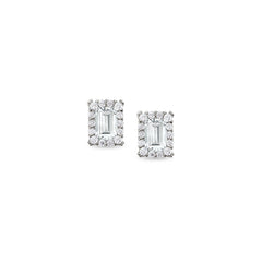 Platinum finish sterling silver emerald cut earrings with simulated diamonds