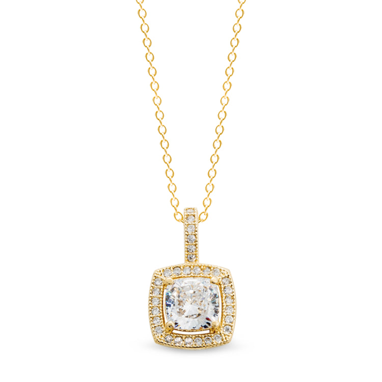 Gold finish sterling silver micropave cushion cut pendant with 30 simulated diamonds on 18 cable chain