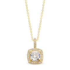 Gold finish sterling silver micropave cushion cut pendant with 30 simulated diamonds on 18 cable chain