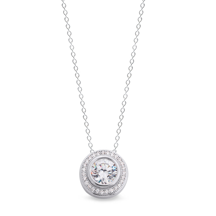 Platinum finish sterling silver micropave round pendant with 28 simulated diamonds on 18 cable chain