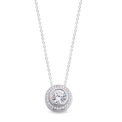 Platinum finish sterling silver micropave round pendant with 28 simulated diamonds on 18 cable chain