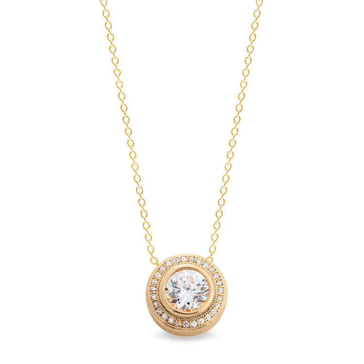 Gold finish sterling silver micropave round pendant with 28 simulated diamonds on 18 cable chain