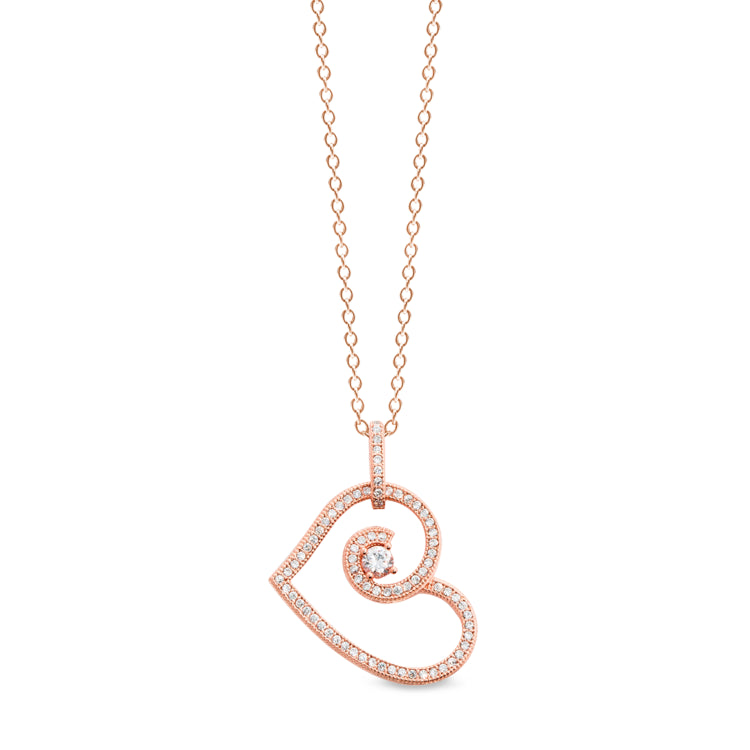 Rose gold finish sterling silver micropave heart pendant with 84 simulated diamonds on 18 cable chain