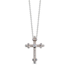 Platinum finish sterling silver micropave cross pendant with simulated diamonds on 18 cable chain