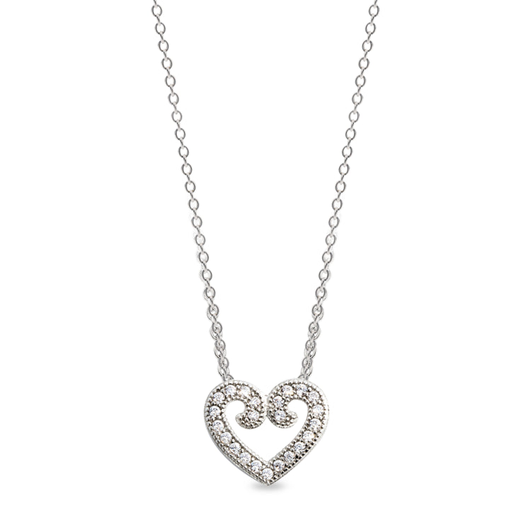 Platinum finish sterling silver micropave heart pendant with 23 simulated diamonds on 18 cable chain