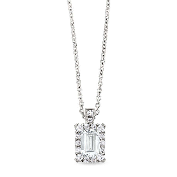 Platinum finish sterling silver emerald cut pendant with simulated diamonds on 16 - 18 adjustable chain