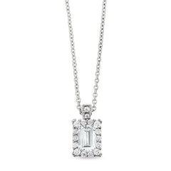 Platinum finish sterling silver emerald cut pendant with simulated diamonds on 16 - 18 adjustable chain