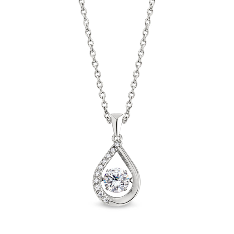 Platinum finish sterling silver micropave dancing stone teardrop pendant with simulated diamonds on 18 cable chain
