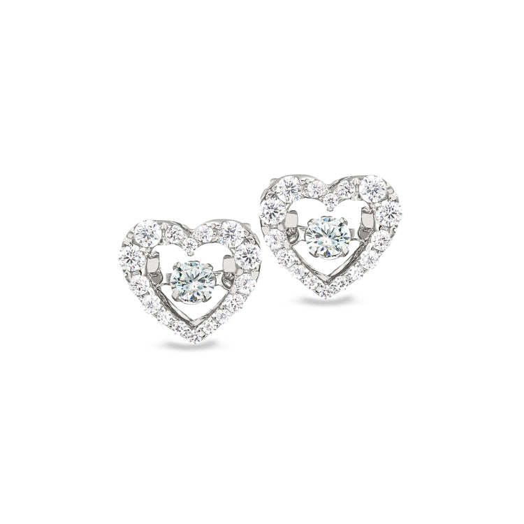 Platinum finish sterling silver micropave dancing stone heart earrings with simulated diamonds