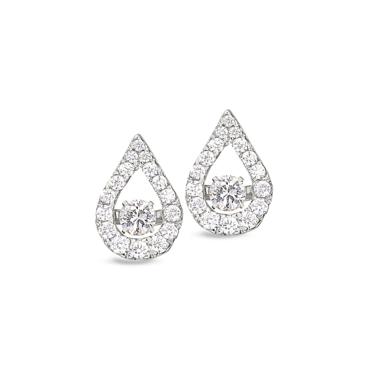 Platinum finish sterling silver micropave dancing stone teardrop earrings with simulated diamonds