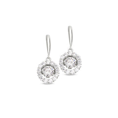 Platinum finish sterling silver micropave dancing stone round drop earrings with simulated diamonds