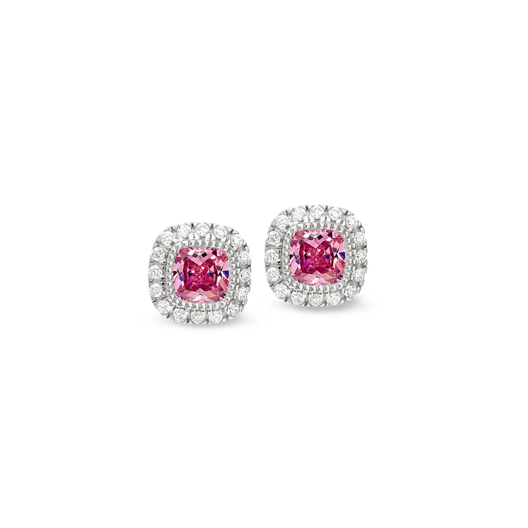 Platinum finish sterling silver micropave simulated pink sapphire earrings with simulated diamonds