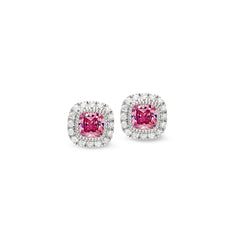 Platinum finish sterling silver micropave simulated pink sapphire earrings with simulated diamonds