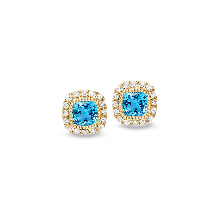Gold finish sterling silver micropave simulated blue zircon earrings with simulated diamonds