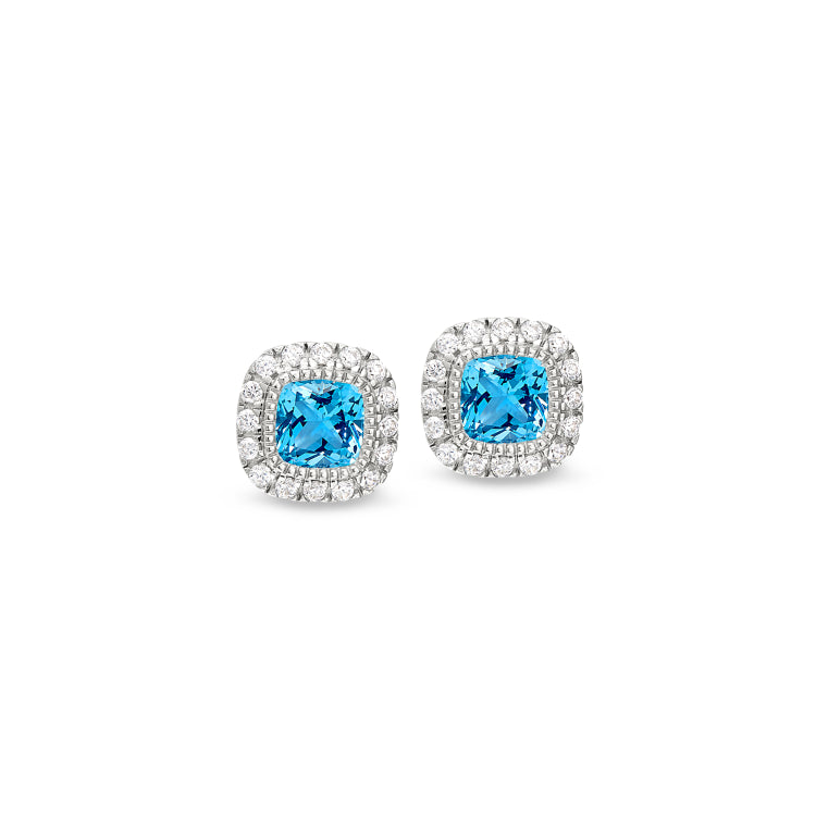 Platinum finish sterling silver micropave simulated blue zircon earrings with simulated diamonds
