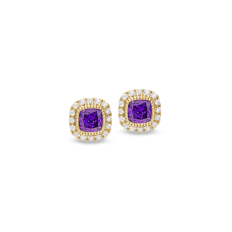 Gold finish sterling silver micropave simulated amethyst earrings with simulated diamonds