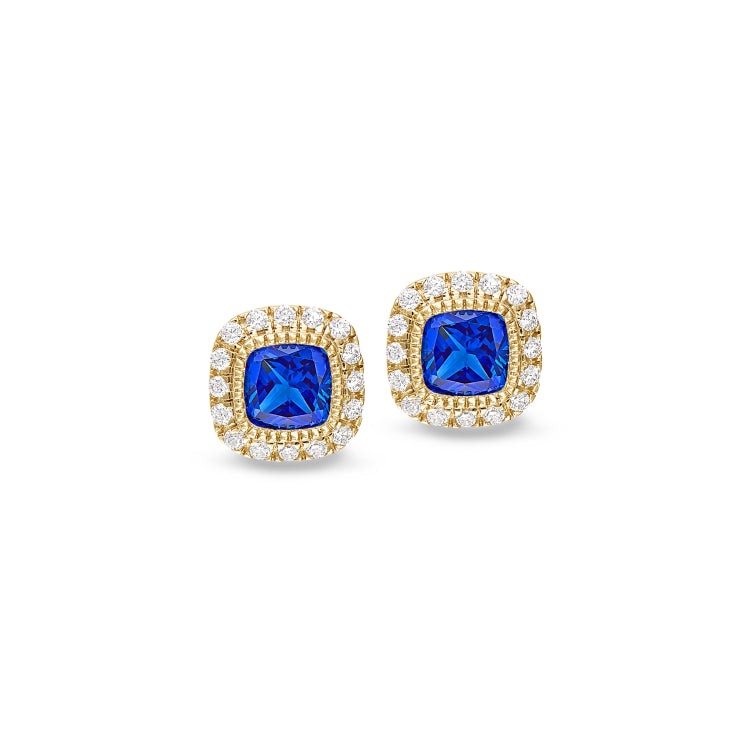 Gold finish sterling silver micropave simulated blue sapphire earrings with simulated diamonds