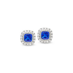 Platinum finish sterling silver micropave simulated blue sapphire earrings with simulated diamonds